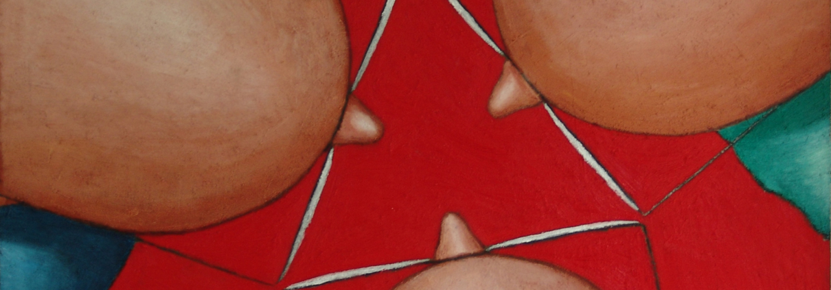 Quadratisches Gemälde 100 X 100 cm. Drei Männer von oben stecken ihre Köpfe zusammen, Ihre Brillen bilden ein gleichseitiges Dreieck, einer der Figuren ist blau, einer grün und der letzte beige gekleidet. Der Boden ist intensiv rot. Die Nasen zielen auf den Mittelpunkt des Bildes.